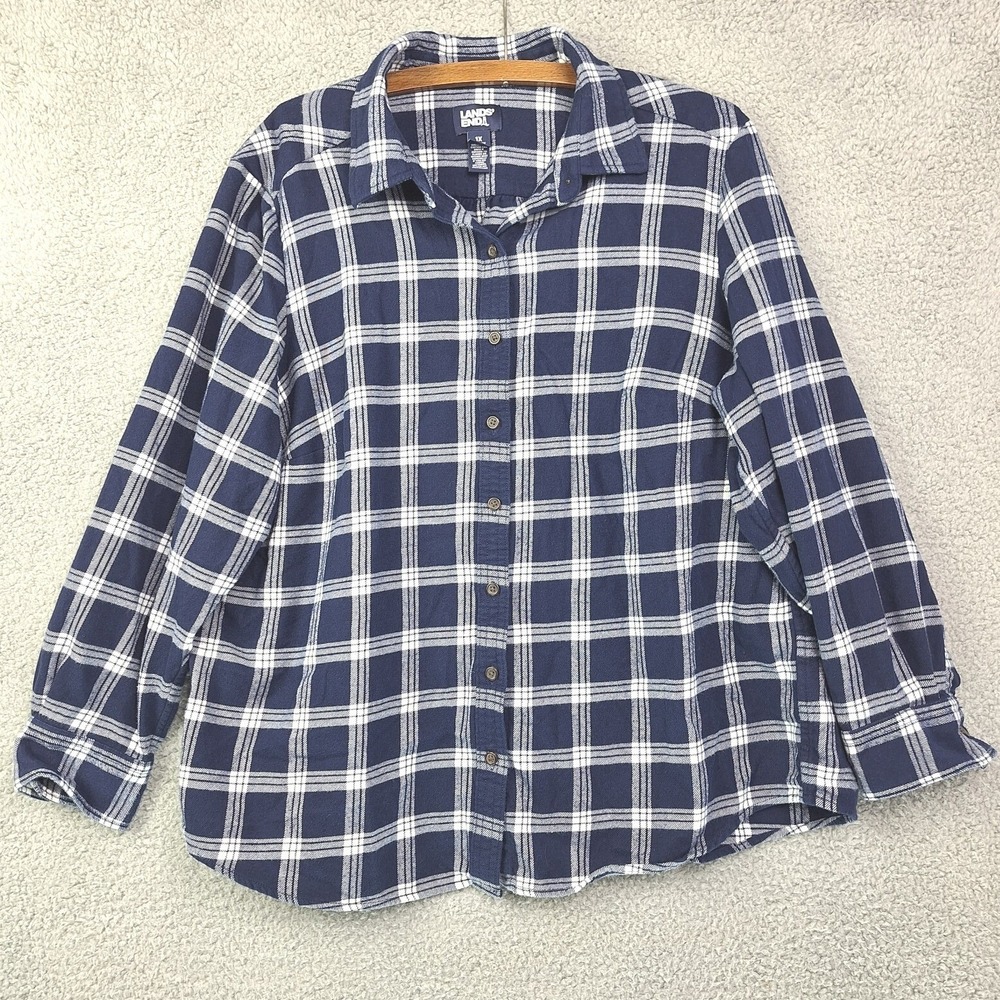 Lands End Flannel Shirt Womens 1X Navy Blue Plaid Cotton Button Down 519652